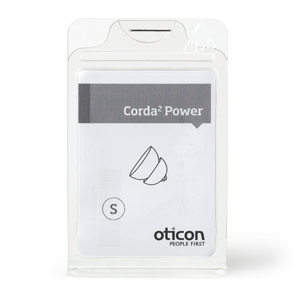 A clear plastic pack containing Corda 2 Power Dome (size small) and Oticon Corda² Power hearing aid tubes, featuring a simple product illustration and the Oticon People First logo on the front.