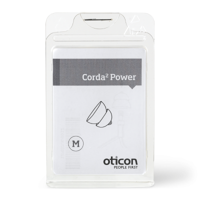 A clear plastic package displays Oticon Corda 2 Power hearing aid tubes, size M, with the Oticon logo and “People First” slogan, simple line drawings, and a mention of the Corda 2 Power Dome on the front.