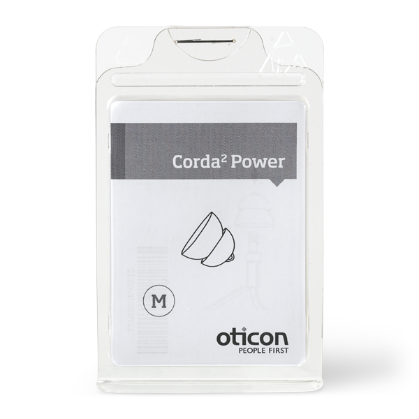 A clear plastic package displays Oticon Corda 2 Power hearing aid tubes, size M, with the Oticon logo and “People First” slogan, simple line drawings, and a mention of the Corda 2 Power Dome on the front.