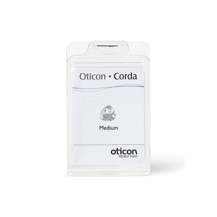 A white package of Oticon Corda medium-sized hearing aid tubes features the Oticon logo, “People First,” and a product illustration. It is compatible with Corda / Corda 2 Domes.