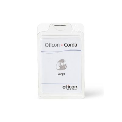 A clear plastic package labeled Corda / Corda 2 Domes features an illustration of a hearing aid tube, the Oticon logo, and the words People First on the front.