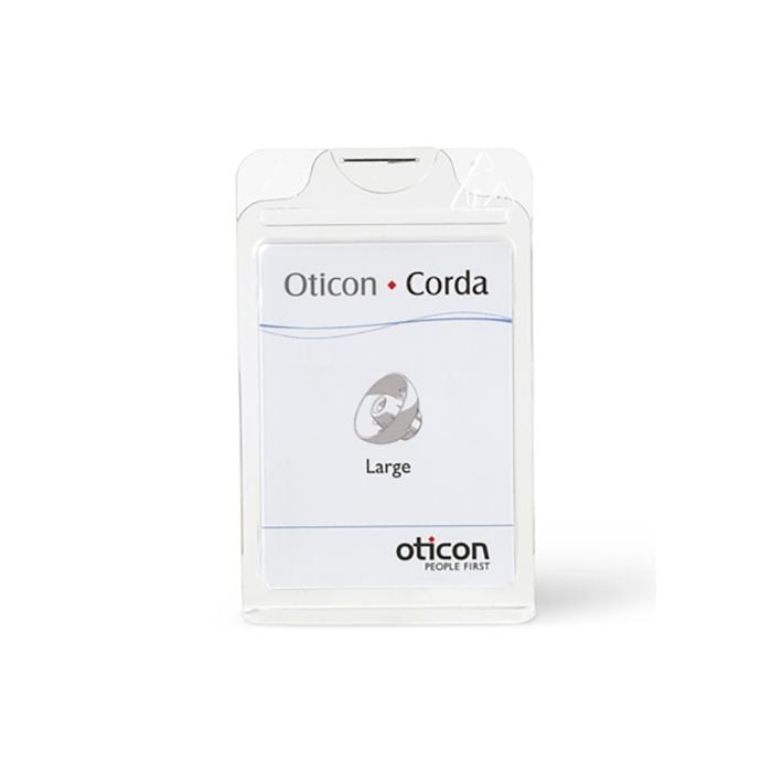 A clear plastic package labeled Corda / Corda 2 Domes features an illustration of a hearing aid tube, the Oticon logo, and the words People First on the front.