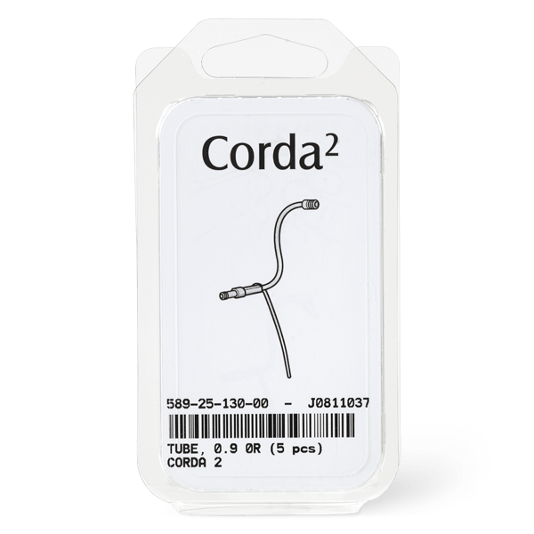 A plastic package labeled "Corda 2 Tube 0.9" contains five thin, curved tubes (illustrated on the label), along with a barcode and product numbers beneath.