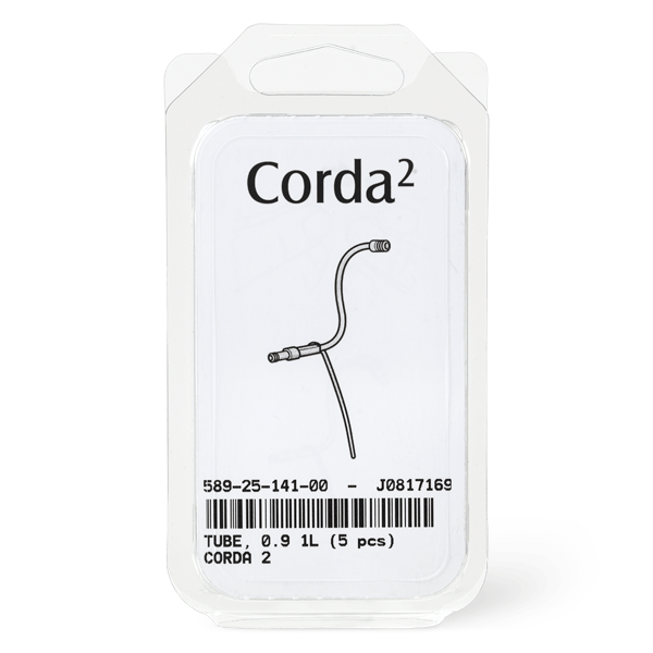 A clear plastic package labeled Corda 2 Tube 0.9 contains five flexible tubes. The white label displays a diagram, product numbers, and the description "TUBE, 0.9 1L (5 pcs) CORDA 2.