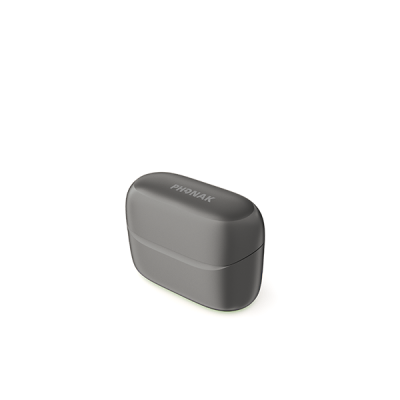A closed, dark gray Phonak Charger RIC EON with a rectangular shape and rounded edges.