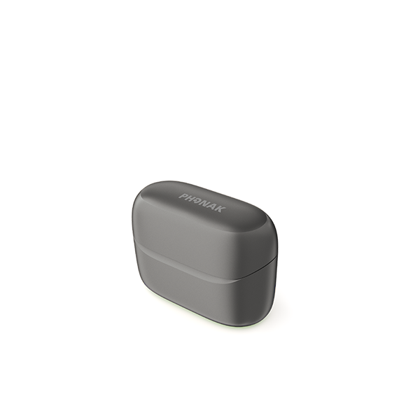 A closed, dark gray Phonak Charger RIC EON with a rectangular shape and rounded edges.