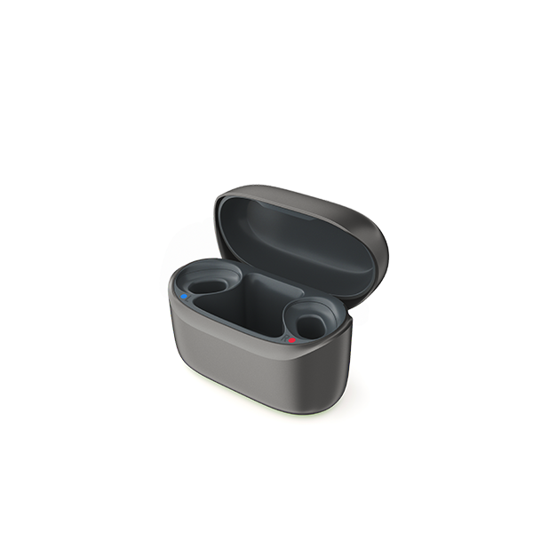 Open gray Phonak Charger RIC EON for hearing aids with two recessed ports.